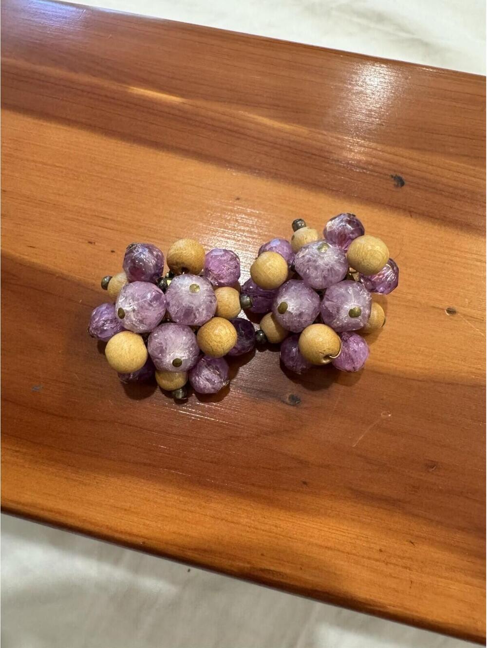 Vintage W Germany Large Beaded Clip On Cluster Earrings 1.25" Purple Boho Wood